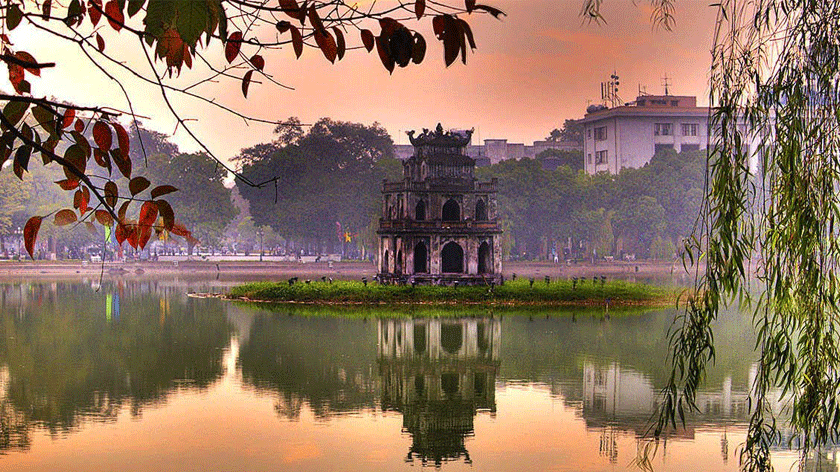 The peaceful morning atmosphere at Hoan Kiem Lake
