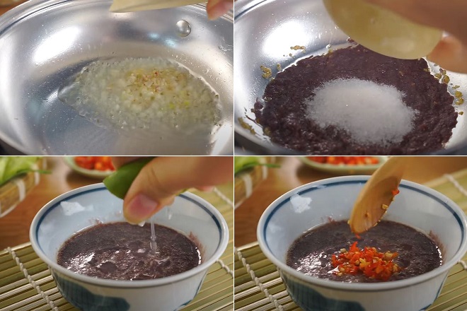 Traditional preparation of mam tom with lime, chili, sugar, and hot oil in Hanoi