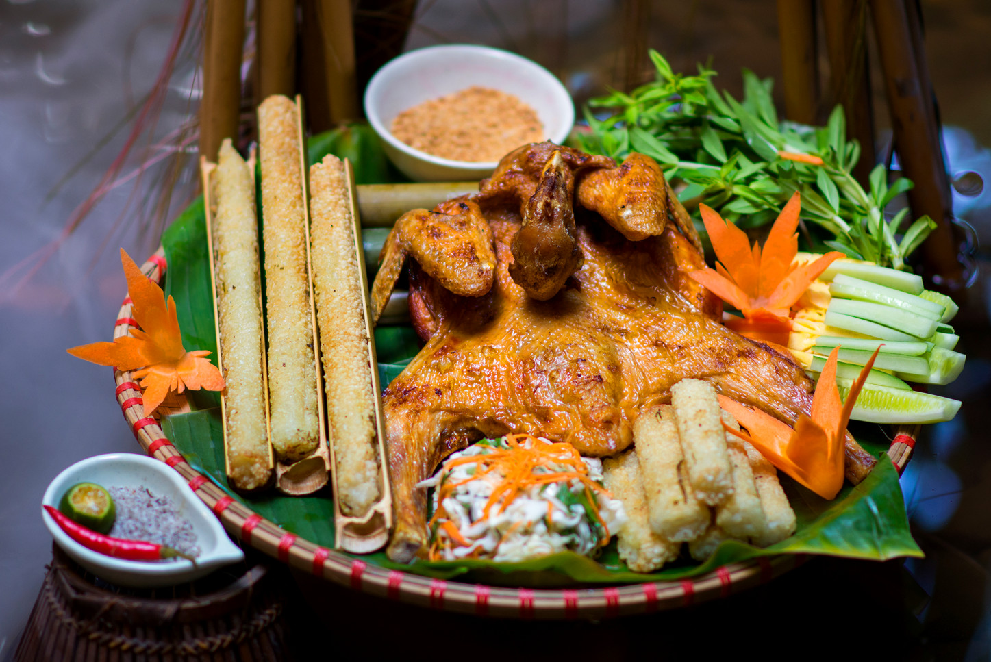 Central Highlands cơm lam served with charcoal-grilled chicken