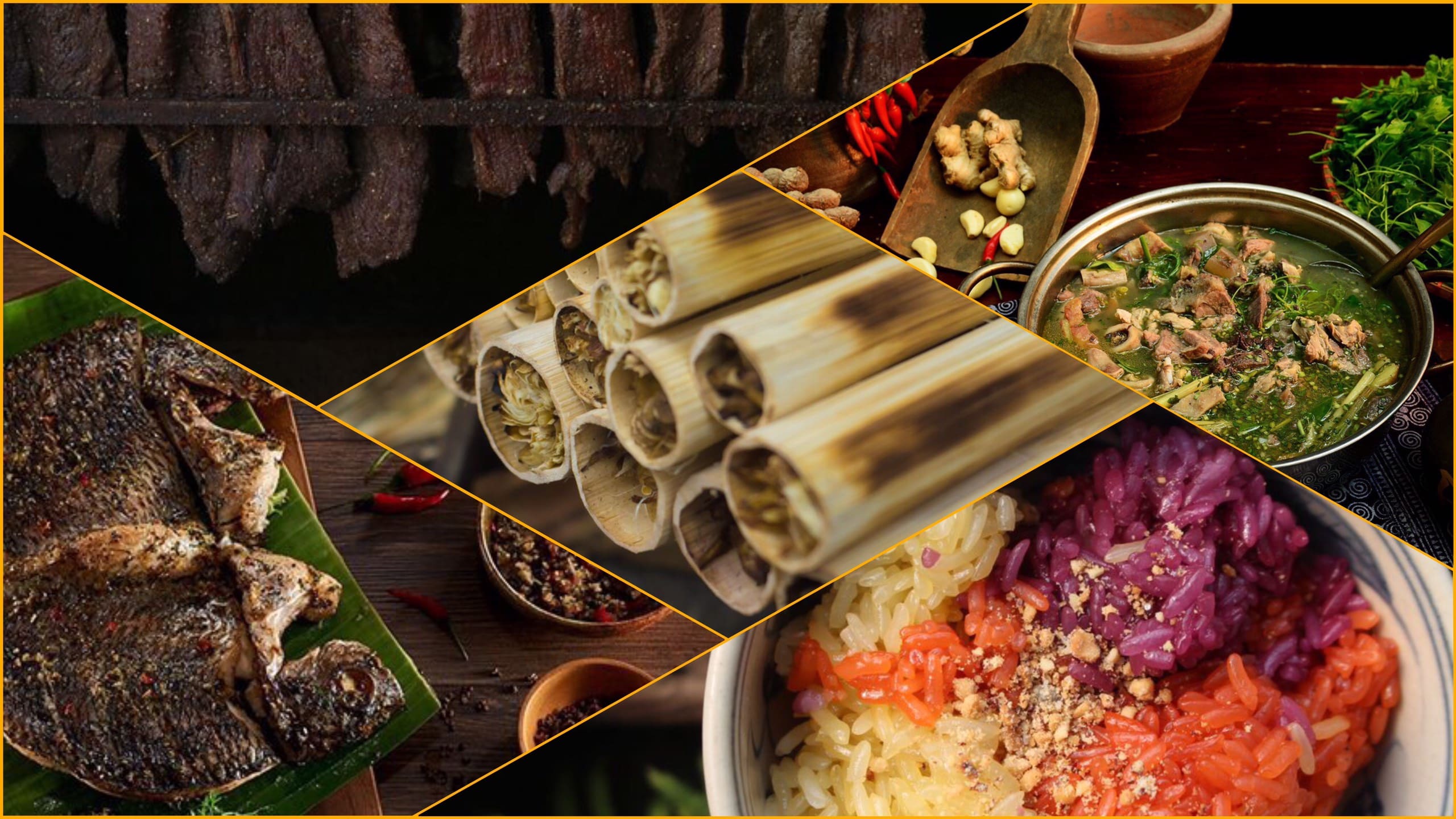 Northwest Vietnam food specialties including grilled fish, sticky rice and smoked meat