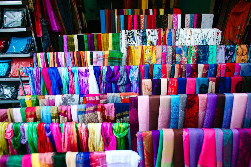 Vietnamese silk scarves and accessories displayed in a Hanoi shop