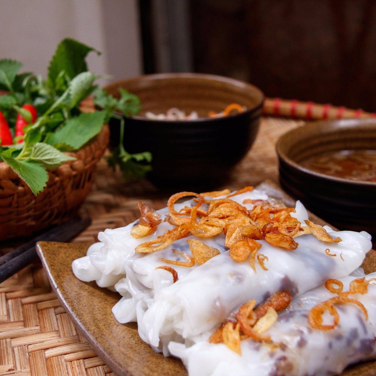 Vietnamese steamed rice rolls filled with minced pork and wood ear mushrooms