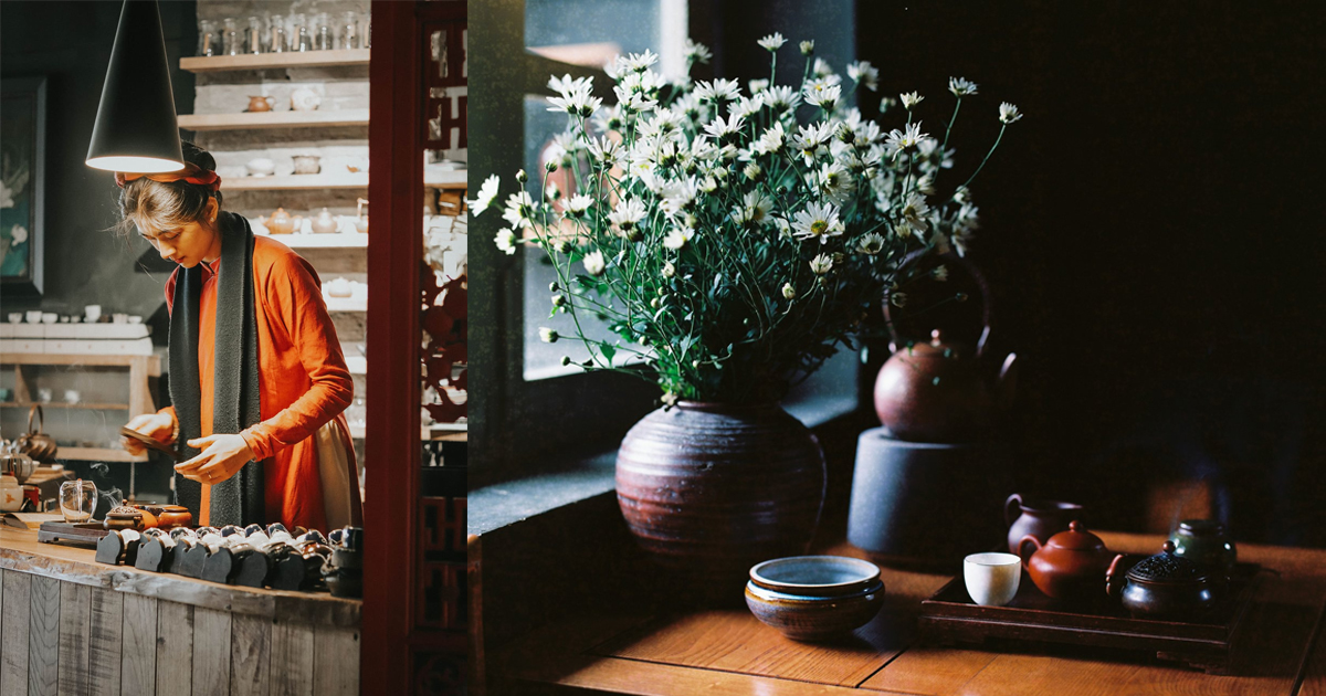 Traditional Vietnamese tea ceremony inside a quiet Hanoi tea house in autumn