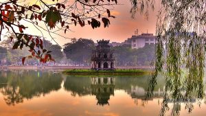 Hoan Kiem Lake at dusk near Hanoi’s fine dining restaurants