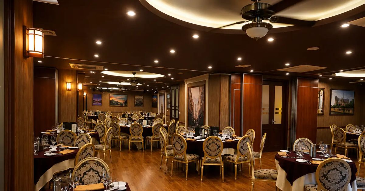 A private dining room prepared for a group dinner at Maison Vie in Hanoi